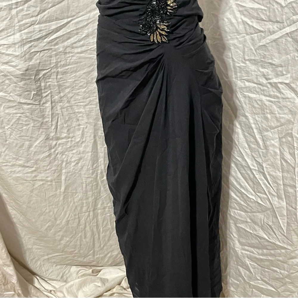 Badgley Mischka Collection black silk strapless ruched side sequin fitted dress - Picture 5 of 13